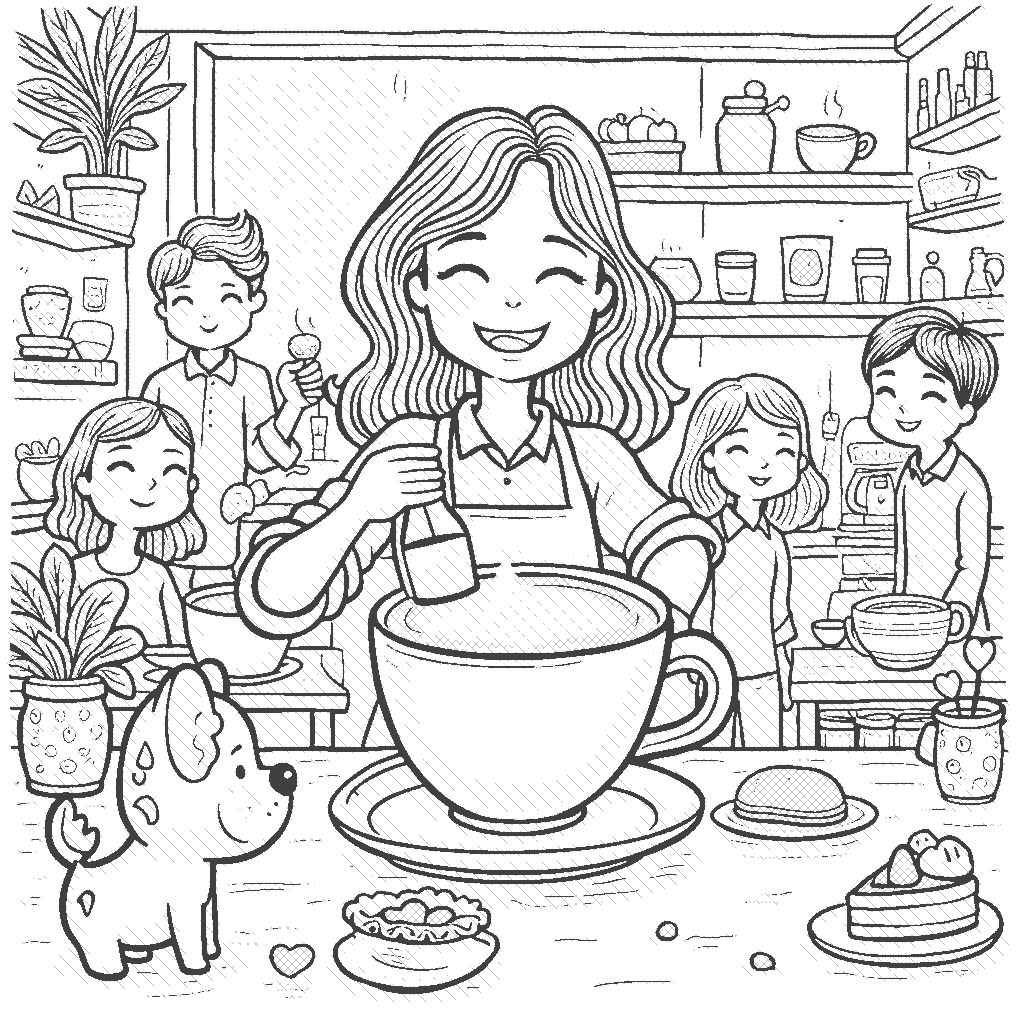 Coloring Page: Barista's Coffee Shop - A cheerful barista making colorful latte art in a cozy coffee shop filled with happy customers enjoying their drinks and pastries. There's a plant in the corner and a dog waiting for a treat outside.
