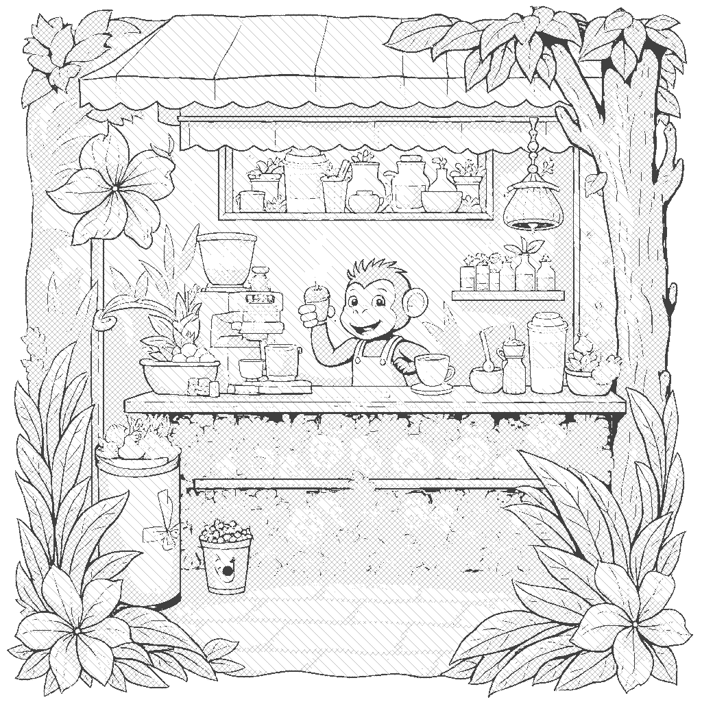 Coloring Page: Barista's Coffee Jungle - Create a fun coffee shop scene run by a friendly barista monkey, serving colorful coffee drinks surrounded by tropical plants and playful animals enjoying their brews.