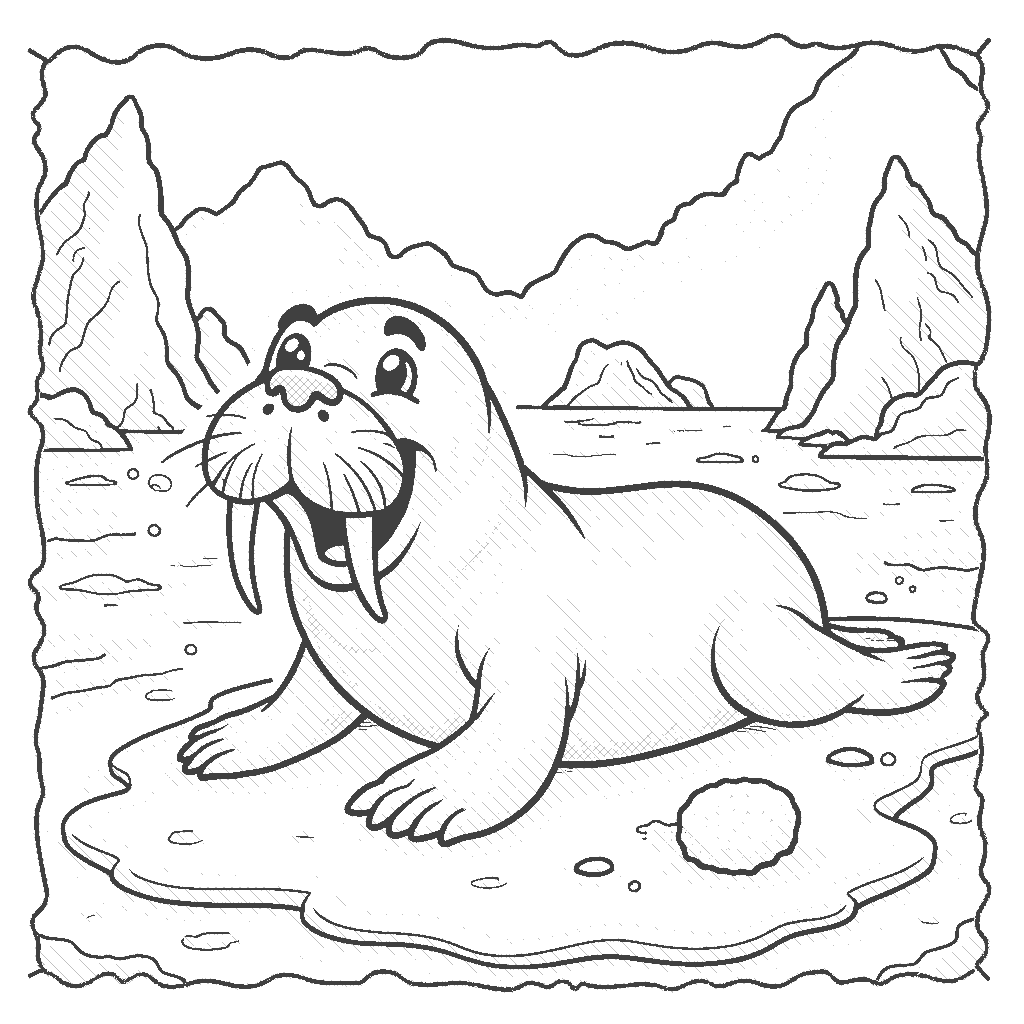Coloring Page: Walrus Waddle - A cheerful walrus sliding on its belly across the smooth ice, playfully tossing a snowball with its tusks. In the background, icy formations create a stunning frozen landscape.