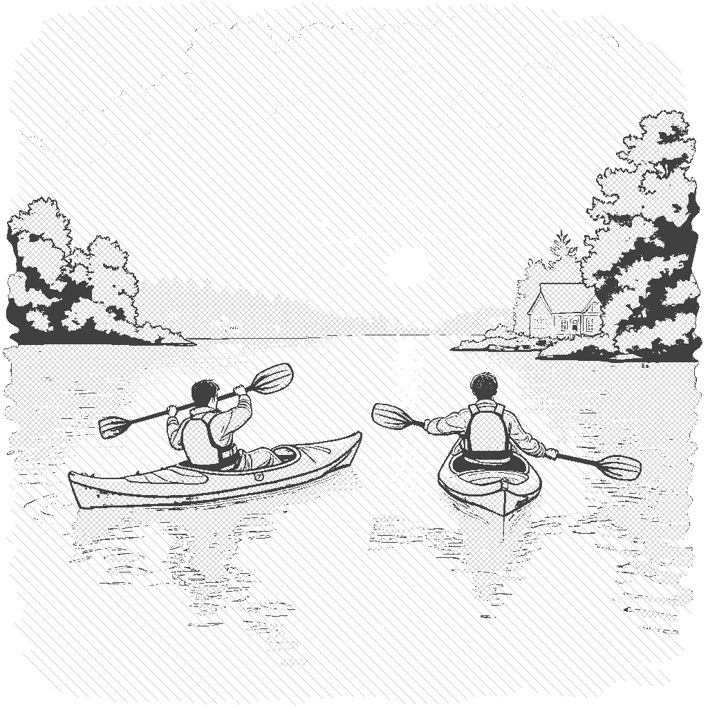 Coloring Page: Sunset Kayaking - A tranquil sunset scene where kayakers glide over reflective waters as the sun sets on the horizon. The sky is painted in warm hues of orange, pink, and purple. Silhouettes of the kayakers are seen against the sky, while the river is calm, with twinkling lights from distant houses starting to appear.