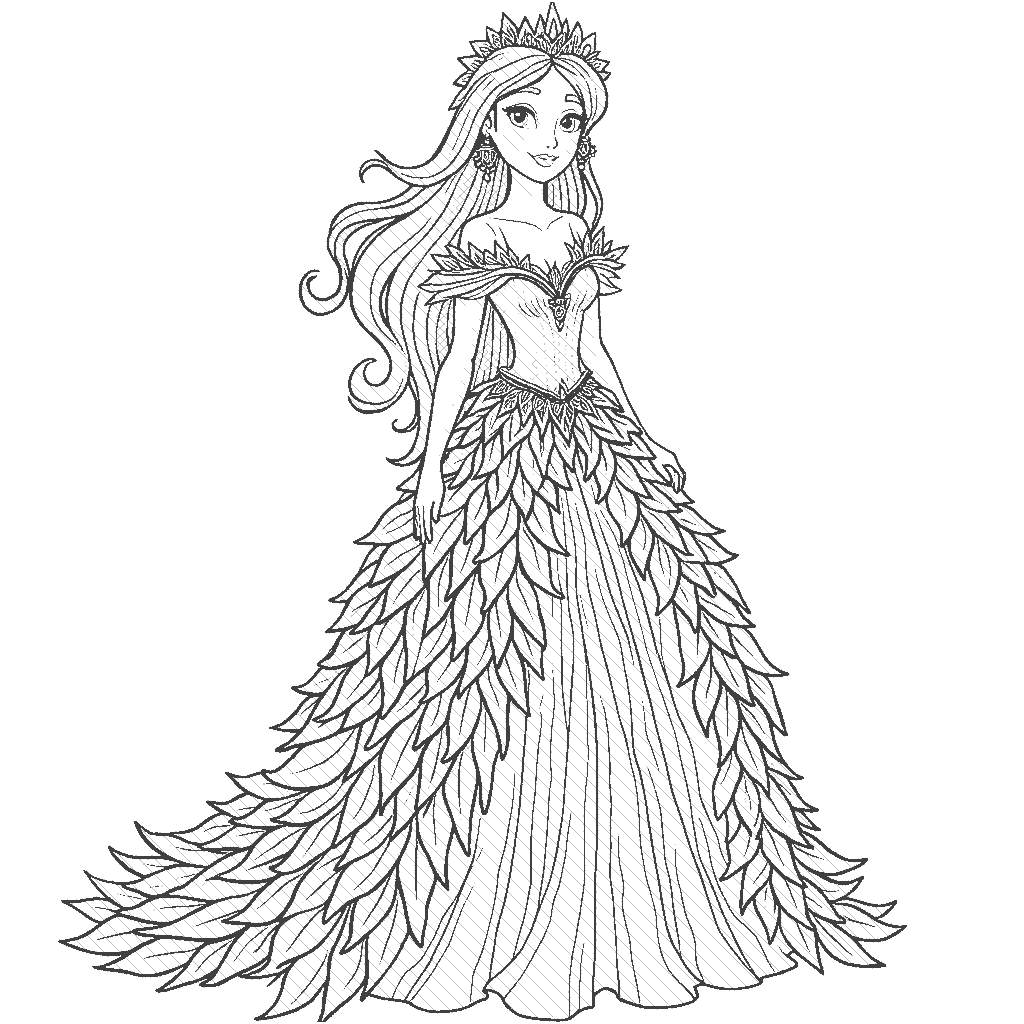 Coloring Page: Enchanted Forest Princess - A forest princess with a gown made of leaves and flowers, dancing with woodland creatures like bunnies and birds in a magical forest filled with sparkling lights.