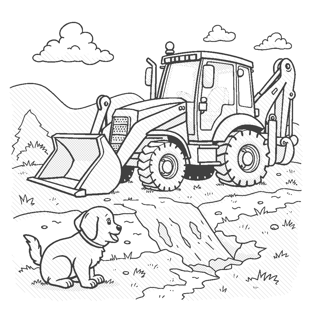 Coloring Page: Backhoe Buddy - A backhoe is excavating a trench while a playful puppy sits nearby, wagging its tail and watching the action with curiosity.