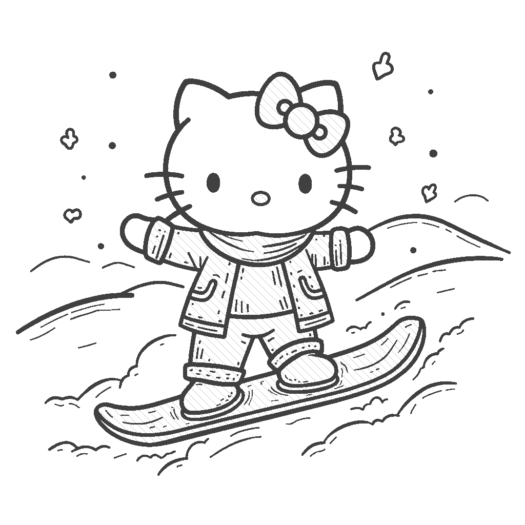 Coloring Page: Hello Kitty Snowboarding - Depict Hello Kitty snowboarding down a snowy hill, wearing a bright winter jacket and colorful goggles, with trees and snowflakes surrounding her.
