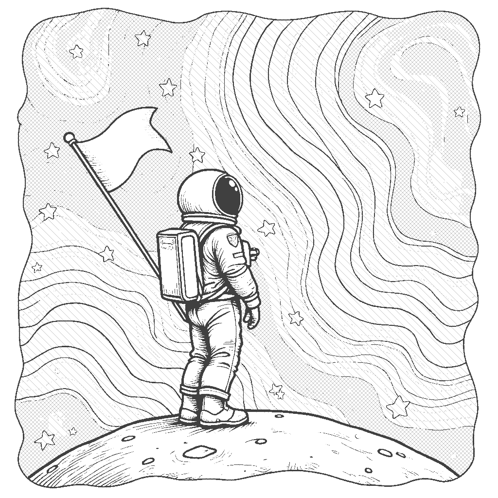 Coloring Page: Distant Galaxy - An astronaut stands on a small moon, gazing at a distant galaxy filled with vibrant stars and swirling colors. The astronaut holds a flag with a peace sign.