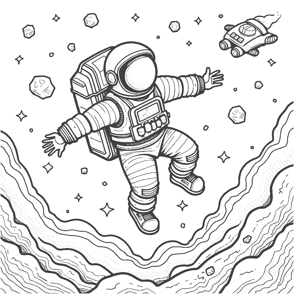 Coloring Page: Exploring an Asteroid Field - An astronaut floats in space, using a jetpack to navigate through a field of asteroids, with a tiny spaceship nearby ready for his next move.