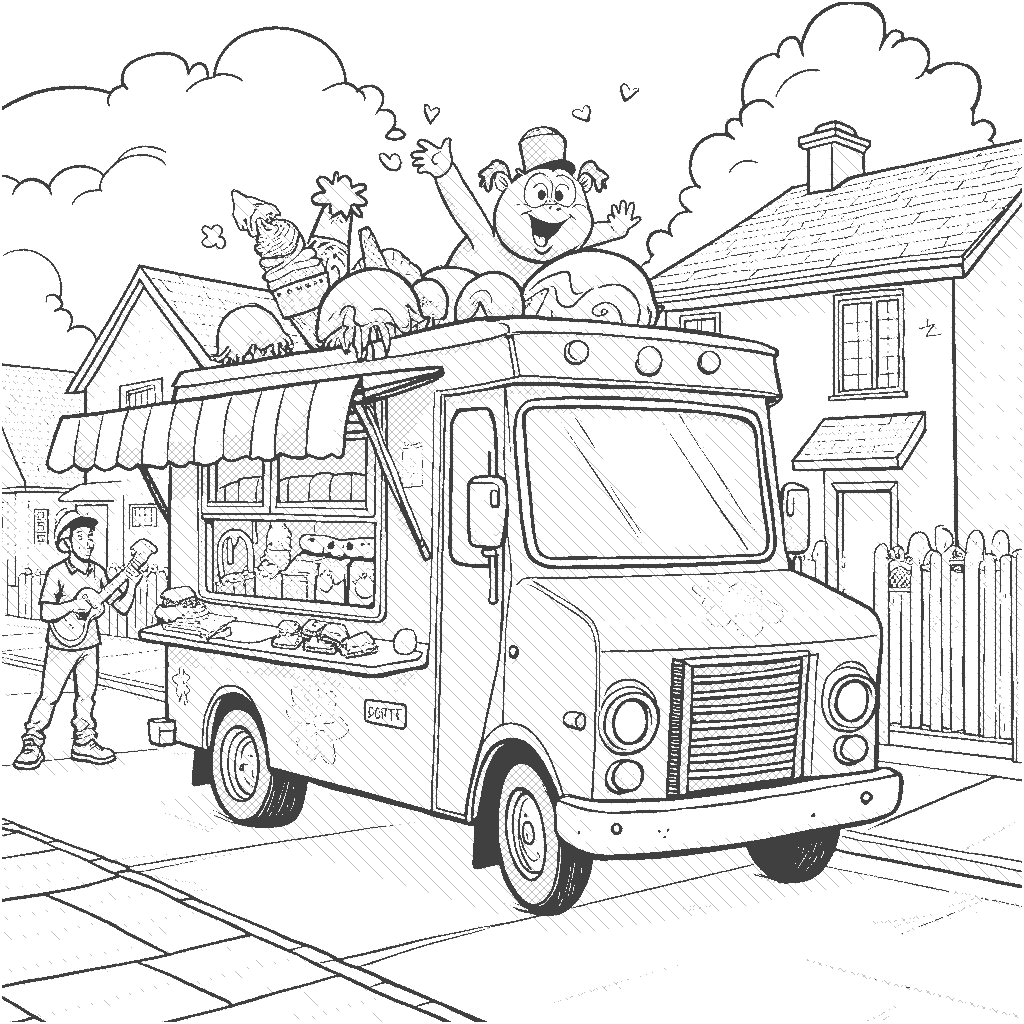 Coloring Page: The Ice Cream Truck Parade - An ice cream truck decorated with bright colors and fun characters drives through a neighborhood, bringing joy to children with ice cream cones in hand, while a cheerful musician plays lively tunes nearby.