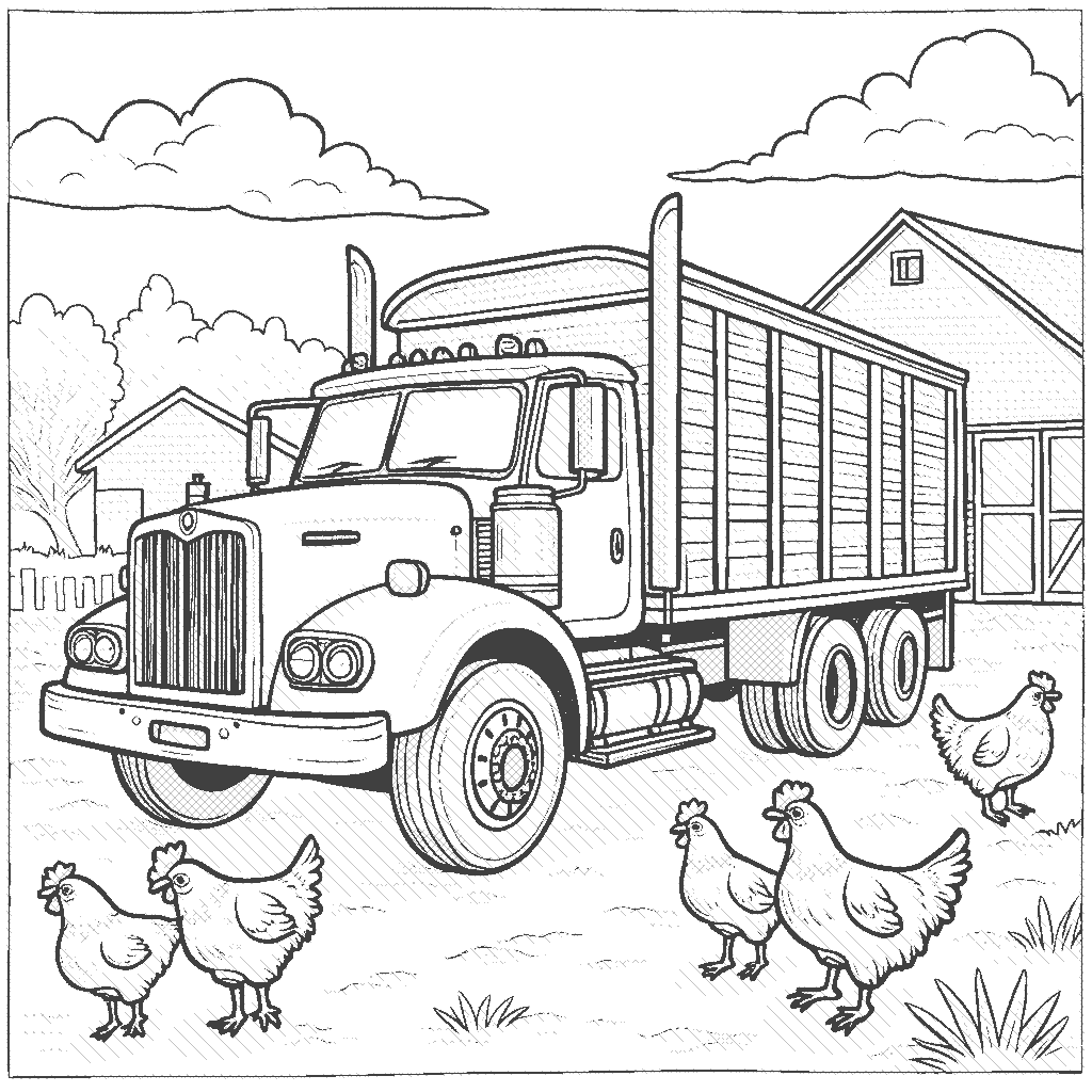 Coloring Page: Cattle Truck on a Farm - A cattle truck is parked in a farmyard, surrounded by chickens and a barn in the background, ready to load cows for transport.