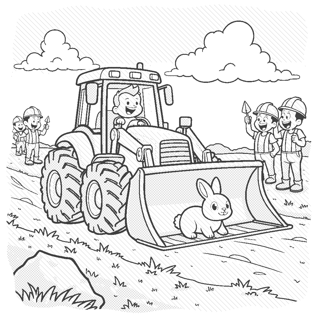Coloring Page: Bulldozer Race - A bulldozer and a small rabbit having a race on a dirt path with cheering construction workers in the background.