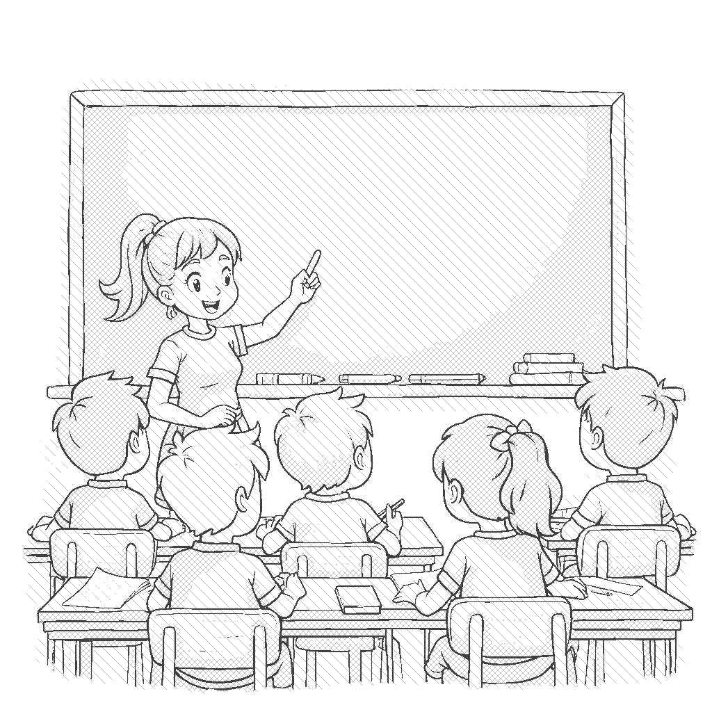 Coloring Page: Teacher in the Classroom - A teacher stands at the front of a classroom, pointing to a chalkboard while students eagerly raise their hands to answer questions.
