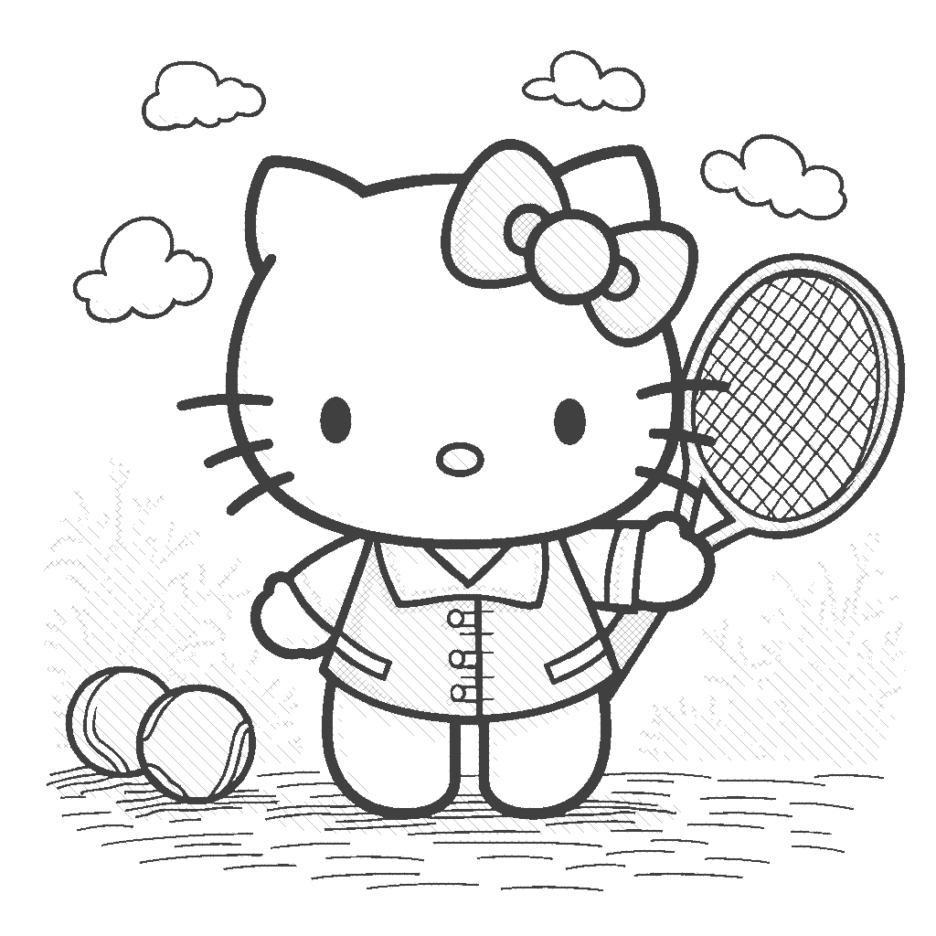 Coloring Page: Hello Kitty Playing Tennis - Show Hello Kitty playing tennis on a lively court, dressed in a cute white tennis outfit, hitting a bright yellow tennis ball with a pink racket, under a sunny sky.