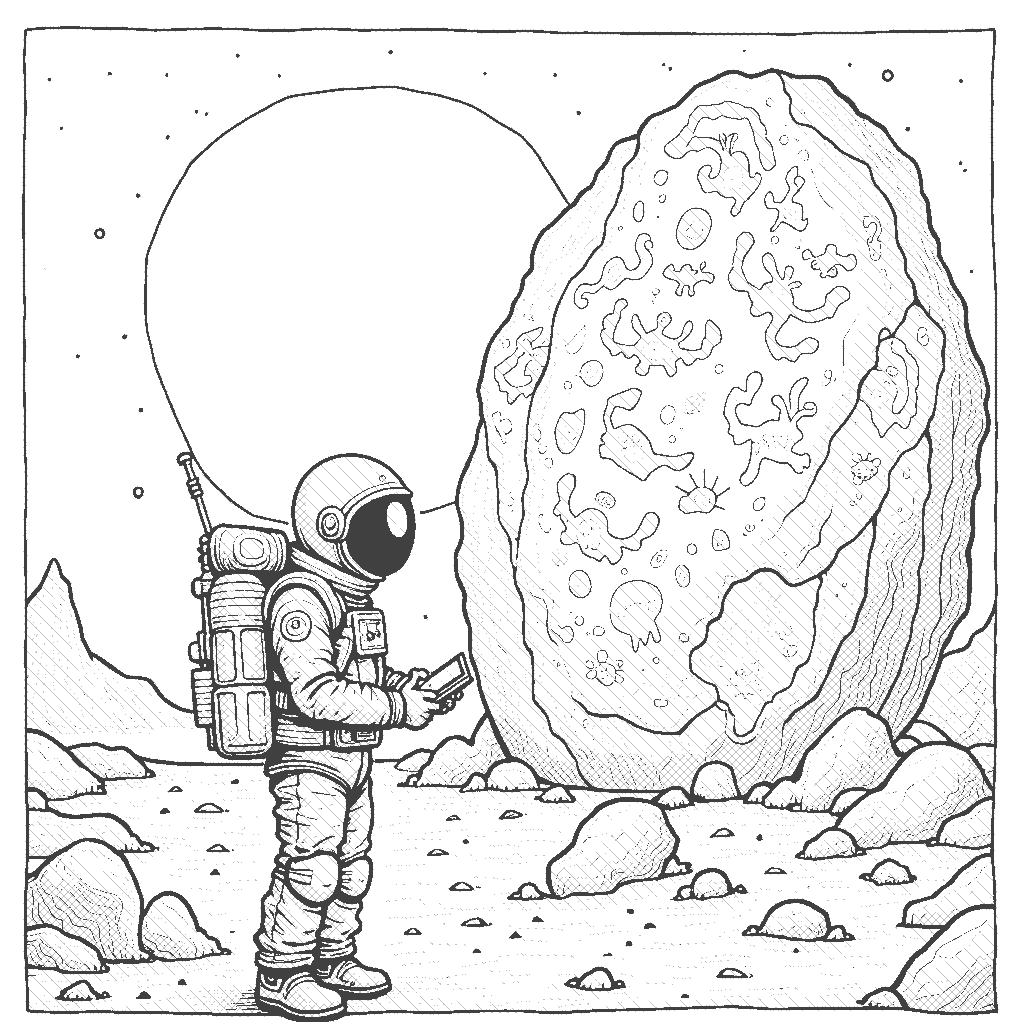 Coloring Page: Asteroid Explorer - An astronaut examines a giant asteroid covered in strange alien markings. The astronaut is holding a tablet, taking notes on their findings.