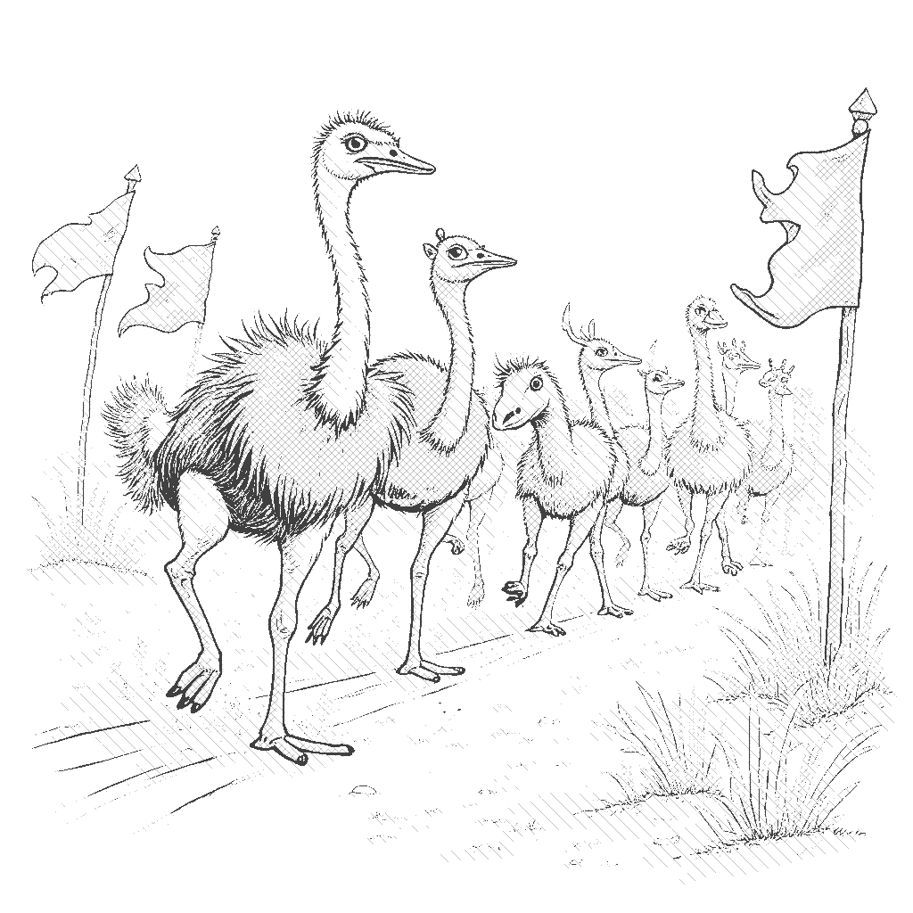 Coloring Page: Ostrich Race - An energetic scene depicting an ostrich leading the charge in an unusual race against other animals on a sandy plain, with colorful flags marking the finish line.