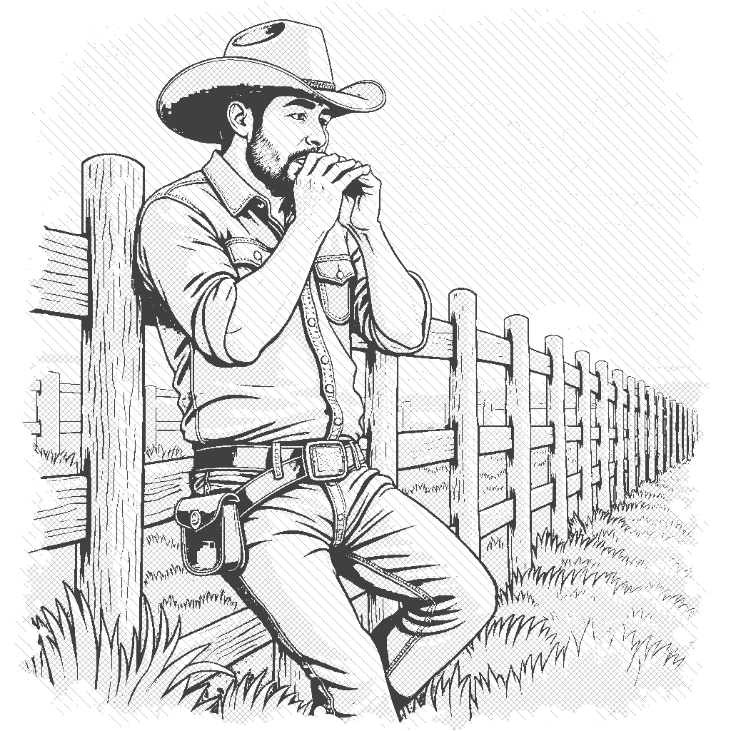 Coloring Page: Harmonica Blues - A man in a cowboy hat playing a harmonica while leaning against an old wooden fence, with a sunset in the background.