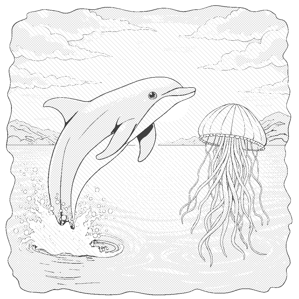 Coloring Page: Sunset Dance - A beautiful dolphin leaps out of the water during sunset, with an elegant jellyfish gracefully floating beside it, glowing in the twilight.