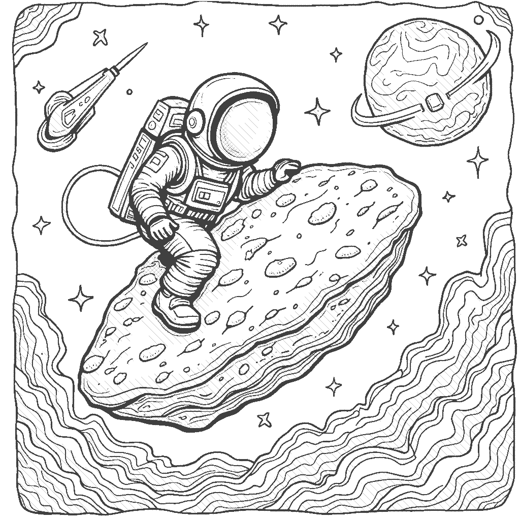Coloring Page: Asteroid Adventure - An astronaut hitches a ride on a large asteroid zooming through space, with a vibrant nebula visible in the background.
