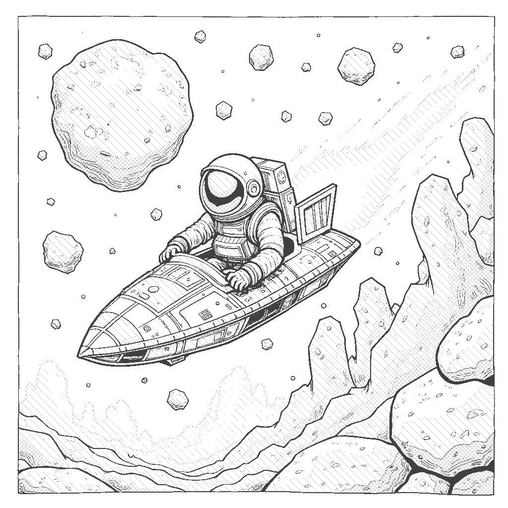 Coloring Page: Asteroid Belt Challenge - An astronaut skillfully navigates through a tricky asteroid belt in a small spacecraft. The scene captures the thrilling moment as the astronaut dodges a large, tumbling asteroid.