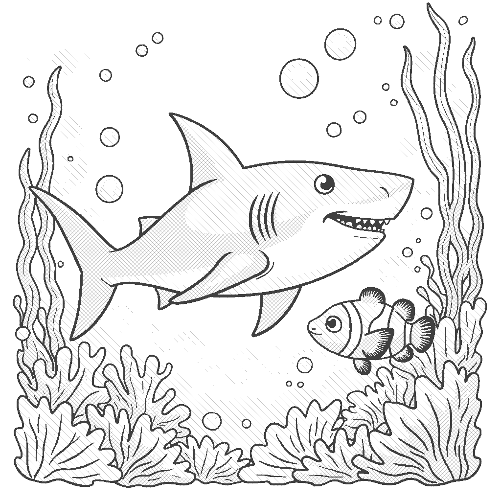 Coloring Page: The Friendly Shark - A friendly shark swims beside a colorful coral reef, interacting with a curious clownfish. Bubbles rise around them, and the sunlight filters down through the water.