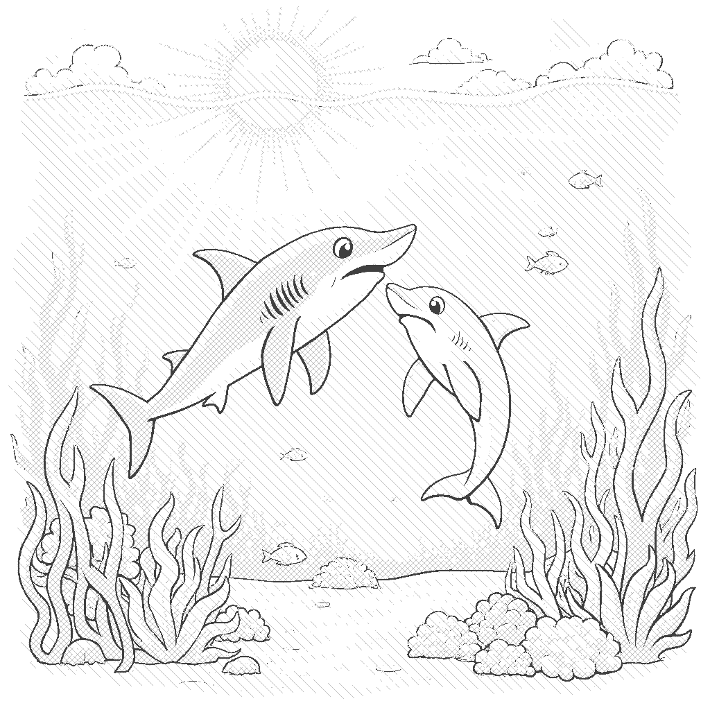 Coloring Page: Shark and Friend - A friendly hammerhead shark swims alongside a playful dolphin in a sunlit patch of ocean. They share a moment of connection as they explore their underwater surroundings together.