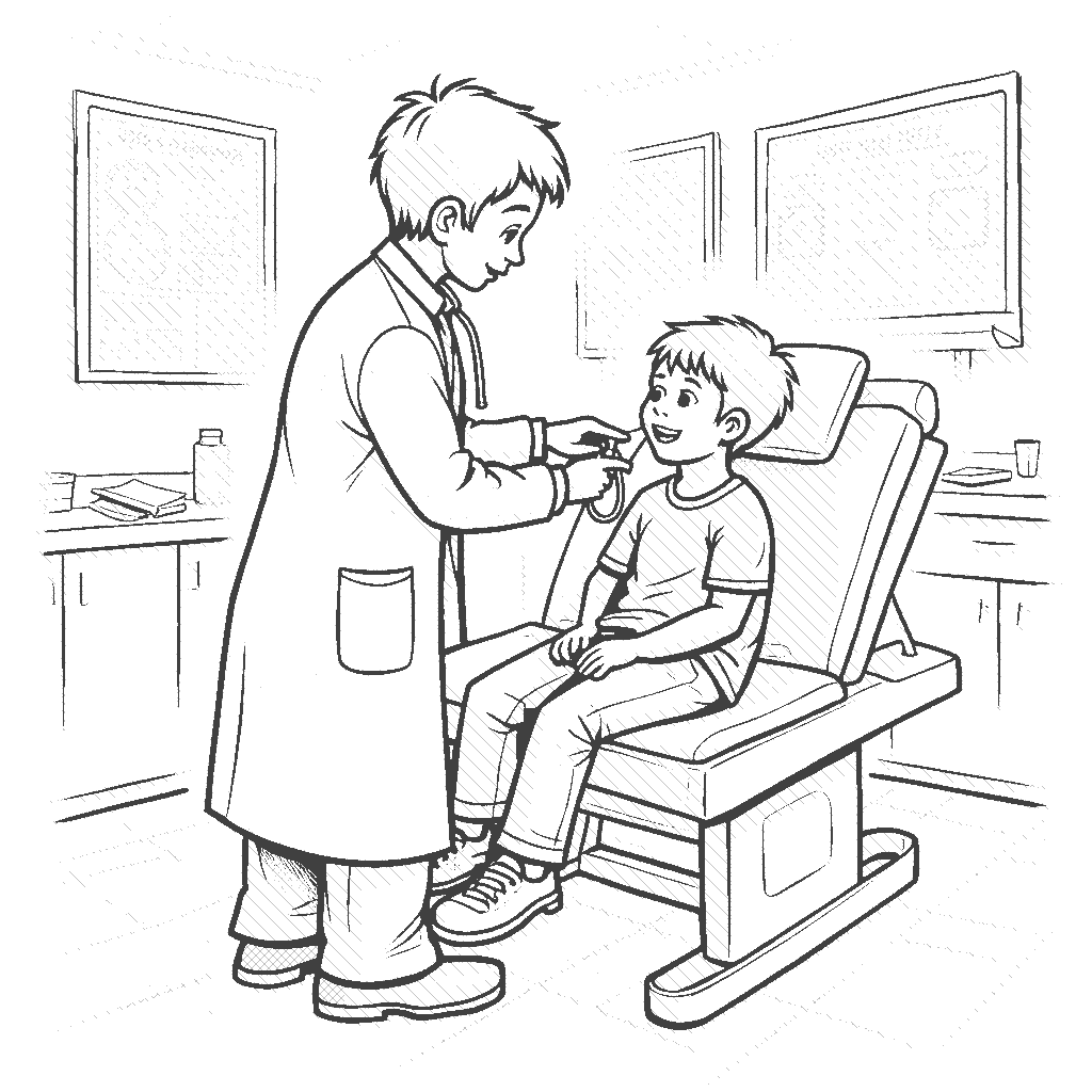 Coloring Page: Doctor's Check-Up - A doctor is examining a young boy who is sitting on an examination table, with a stethoscope in hand. The room is filled with medical equipment and posters about health on the walls.