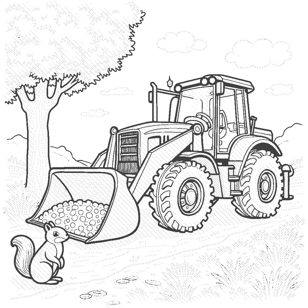 Coloring Page: Loader's Load - A front-end loader moving dirt while a squirrel sits on a nearby tree, watching with great interest.