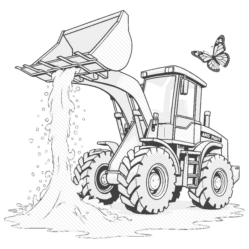 Coloring Page: Loader's Load - A front-end loader lifting a big scoop of sand, as a butterfly flutters around its scoop.