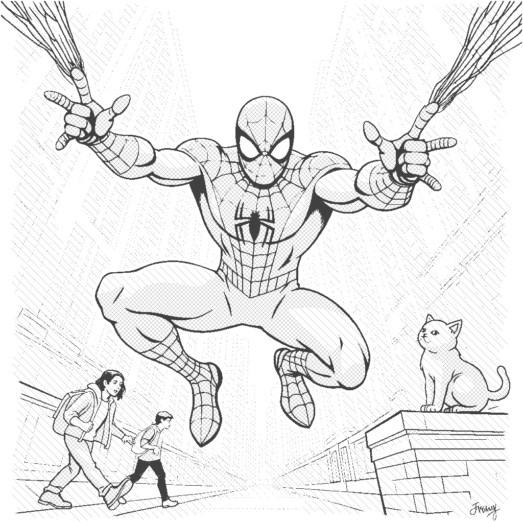 Coloring Page: The Web Weaver - A superhero in a colorful costume swings through a bustling city, shooting webs from their hands. Below, amazed pedestrians look up while a cat watches curiously from a nearby rooftop.