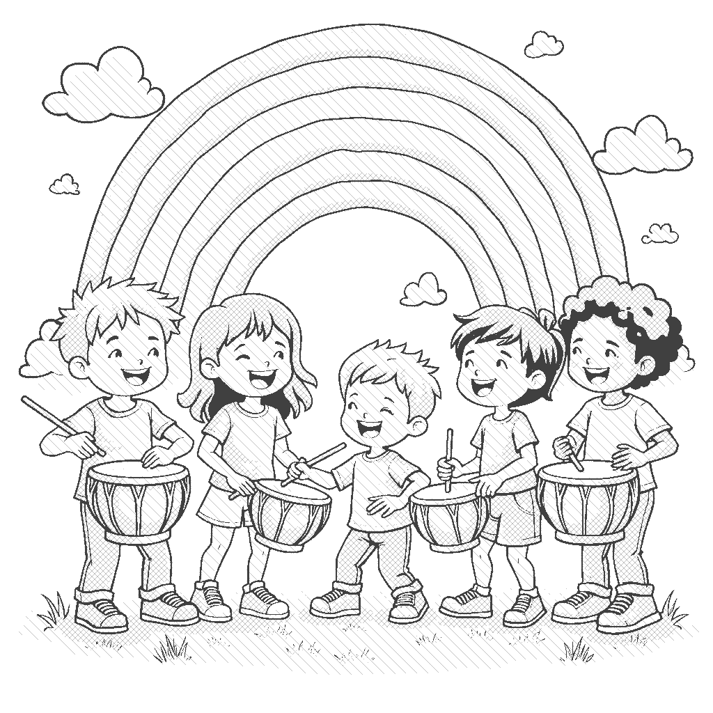 Coloring Page: Drum Circle - A group of children joyfully playing hand drums in a circle, with a colorful rainbow appearing in the sky above them.