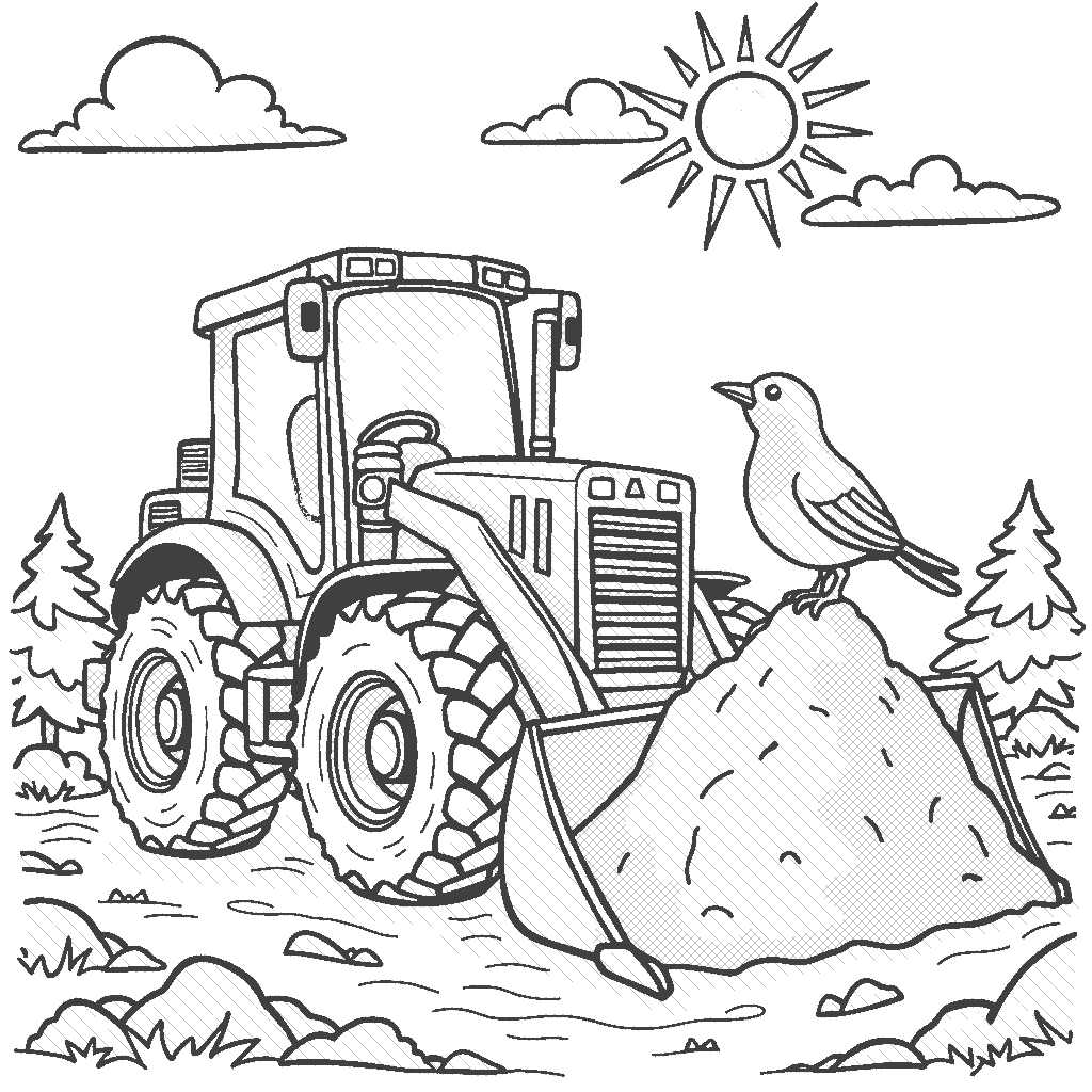Coloring Page: Bulldozer Power - A bulldozer pushing a pile of dirt on a sunny day, while a cheerful bird perches on its blade.