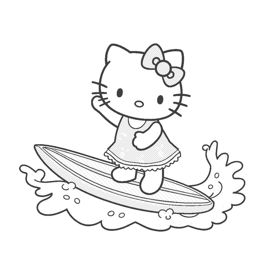 Coloring Page: Hello Kitty on a Surfboard - Show Hello Kitty riding a colorful surfboard on a wavy blue ocean, wearing a sunny yellow swimsuit and a flowered headband, with seagulls flying overhead in a bright blue sky.