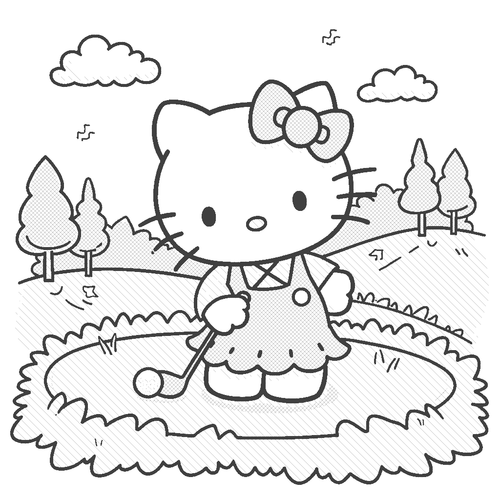 Coloring Page: Hello Kitty Playing Golf - Create a scene where Hello Kitty is putting on a lush green golf course, dressed in a cheerful pastel golf outfit, with colorful golf balls all around.