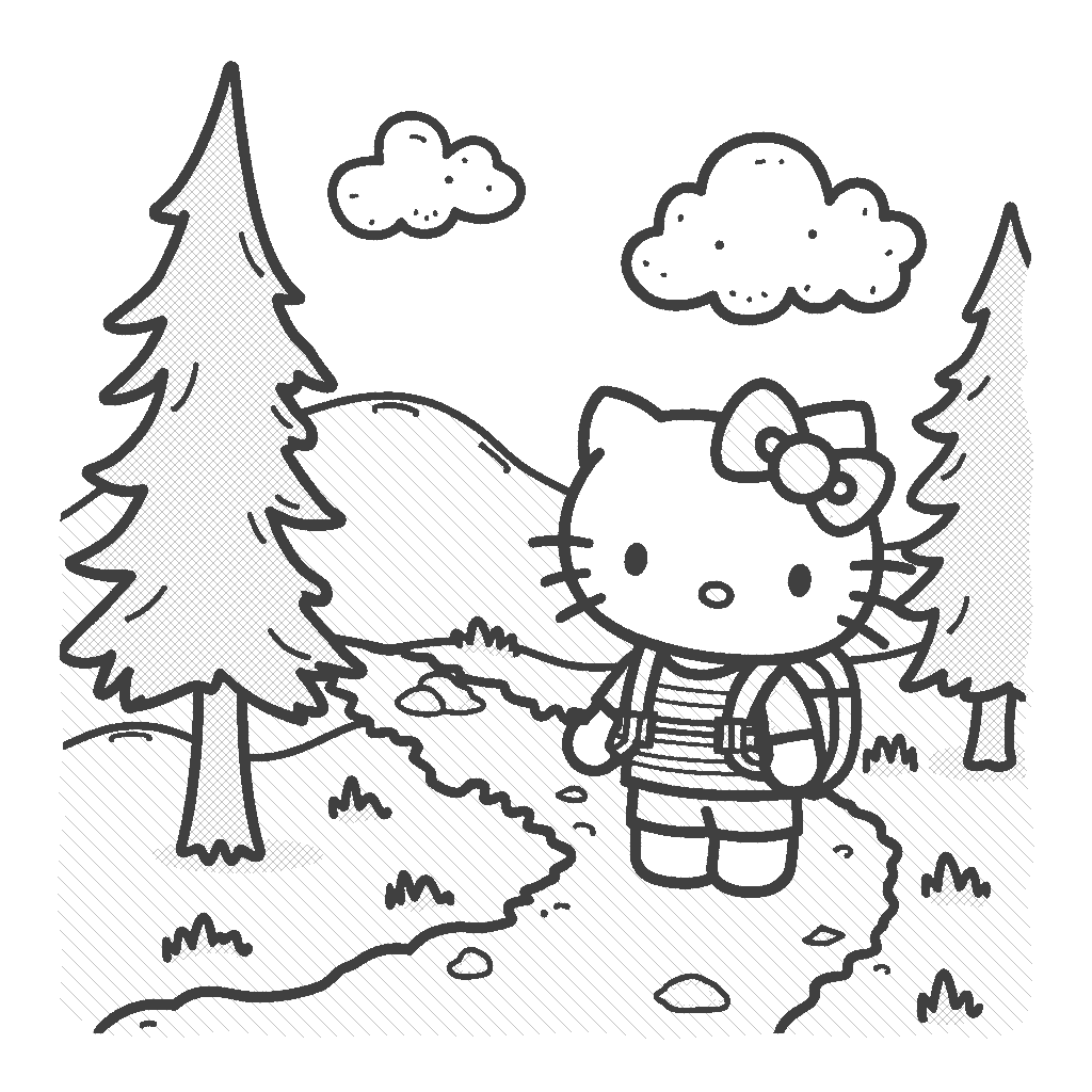 Coloring Page: Hello Kitty Hiking - Depict Hello Kitty hiking a scenic trail on a bright sunny day, wearing a cute backpack and surrounded by lush green trees and bright flowers.