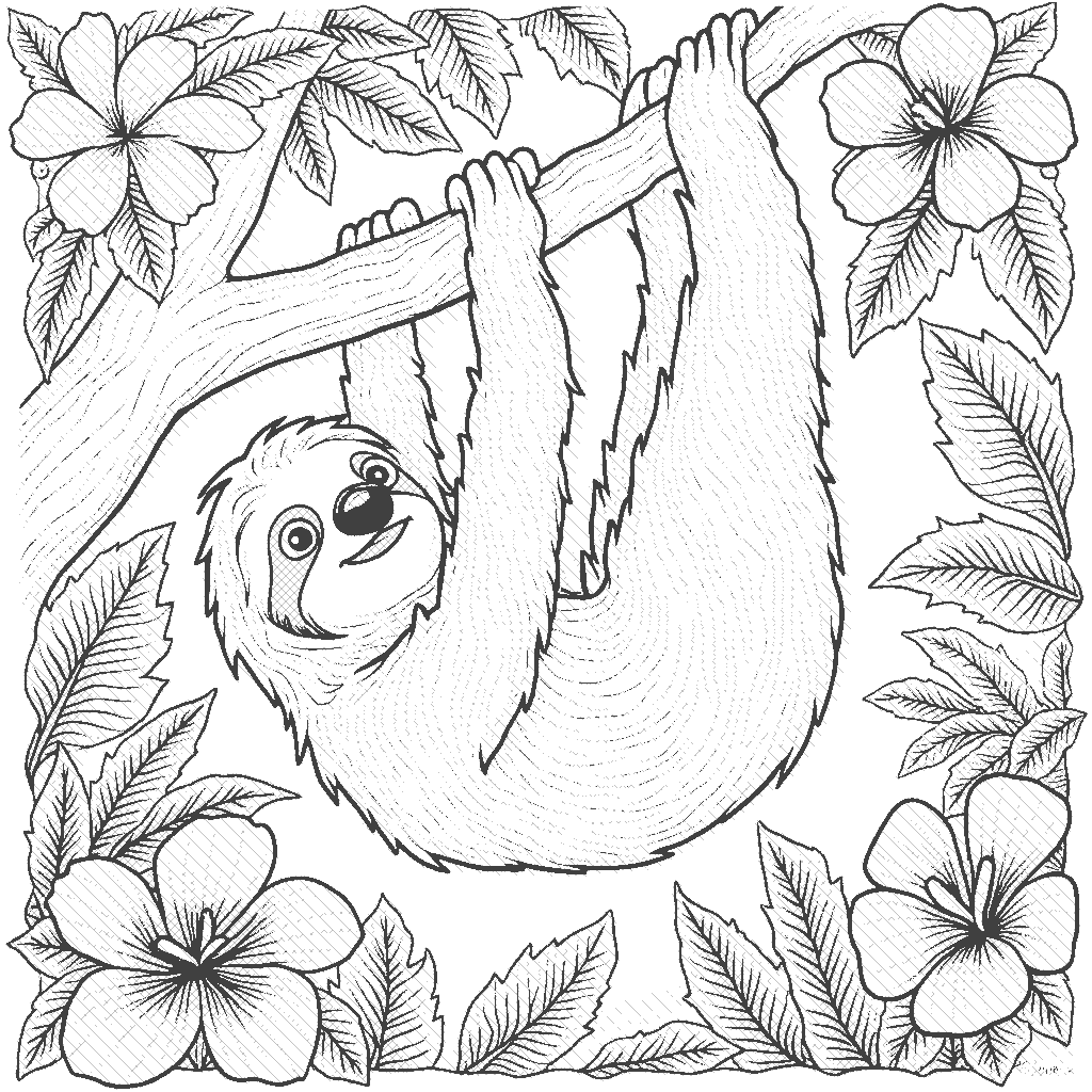 Coloring Page: Sloth's Leisure Day - A sloth is hanging upside down from a tree branch, lazily munching on leaves. Bright tropical flowers and other animals can be seen in the background.