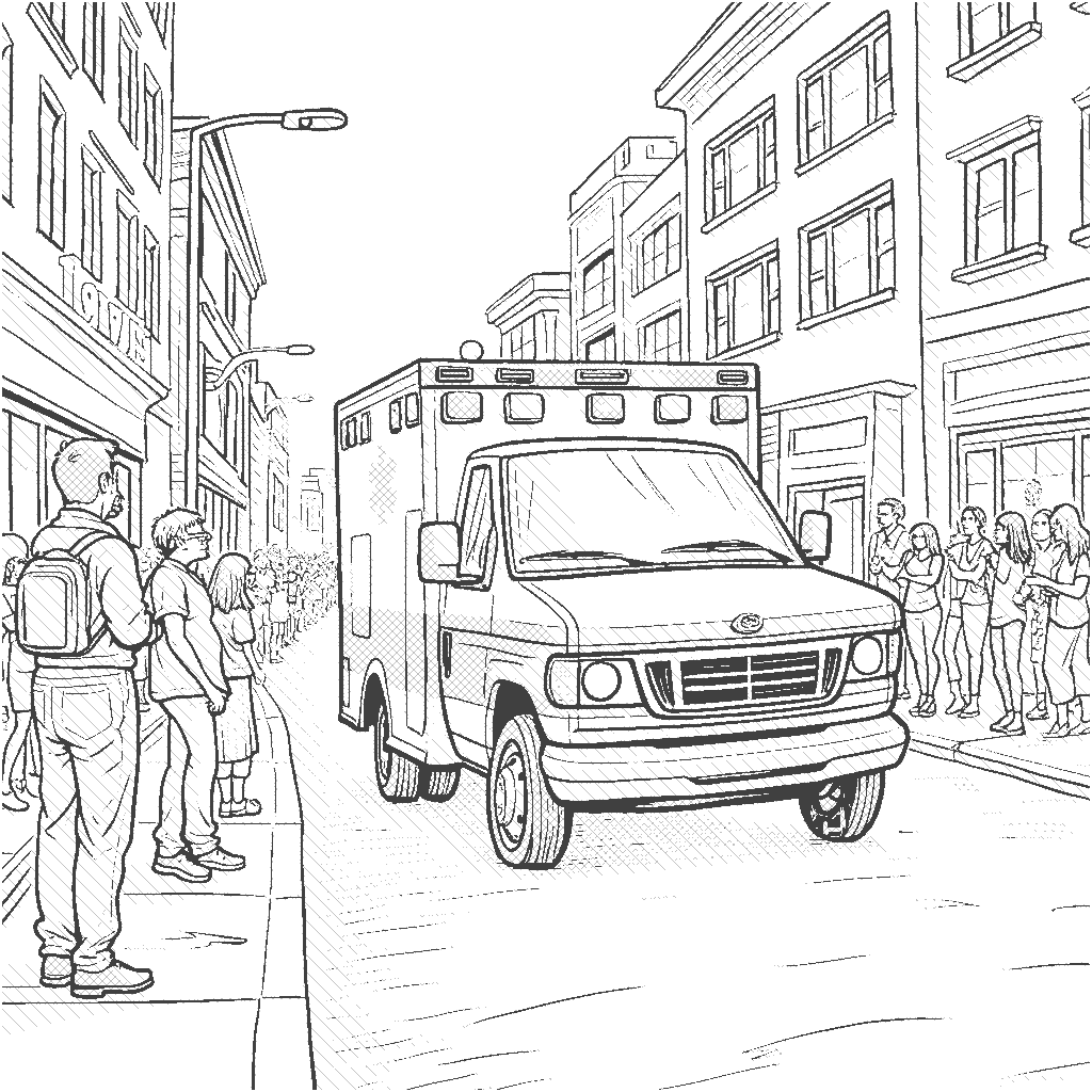 Coloring Page: Ambulance on a Rescue Mission - An ambulance rushes down a busy street with its lights flashing, while concerned citizens watch from the sidewalk, aware of its urgent mission.
