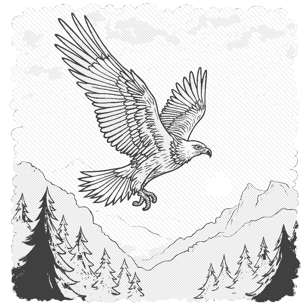 Coloring Page: Hawk's High-Flying Adventure - Draw a majestic hawk soaring high above the mountains, with a backdrop of a sunset sky filled with oranges, pinks, and purples, showcasing the beauty of freedom.