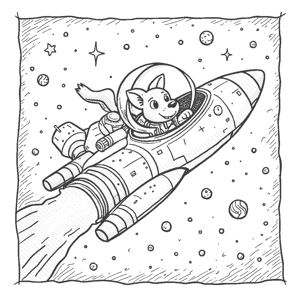 Coloring Page: Spaceship Adventure - A sleek spaceship soars through the cosmos, leaving a trail of stardust behind. Inside the cockpit, a dog in a space suit joyfully looks out the window, mesmerized by the view of distant galaxies.
