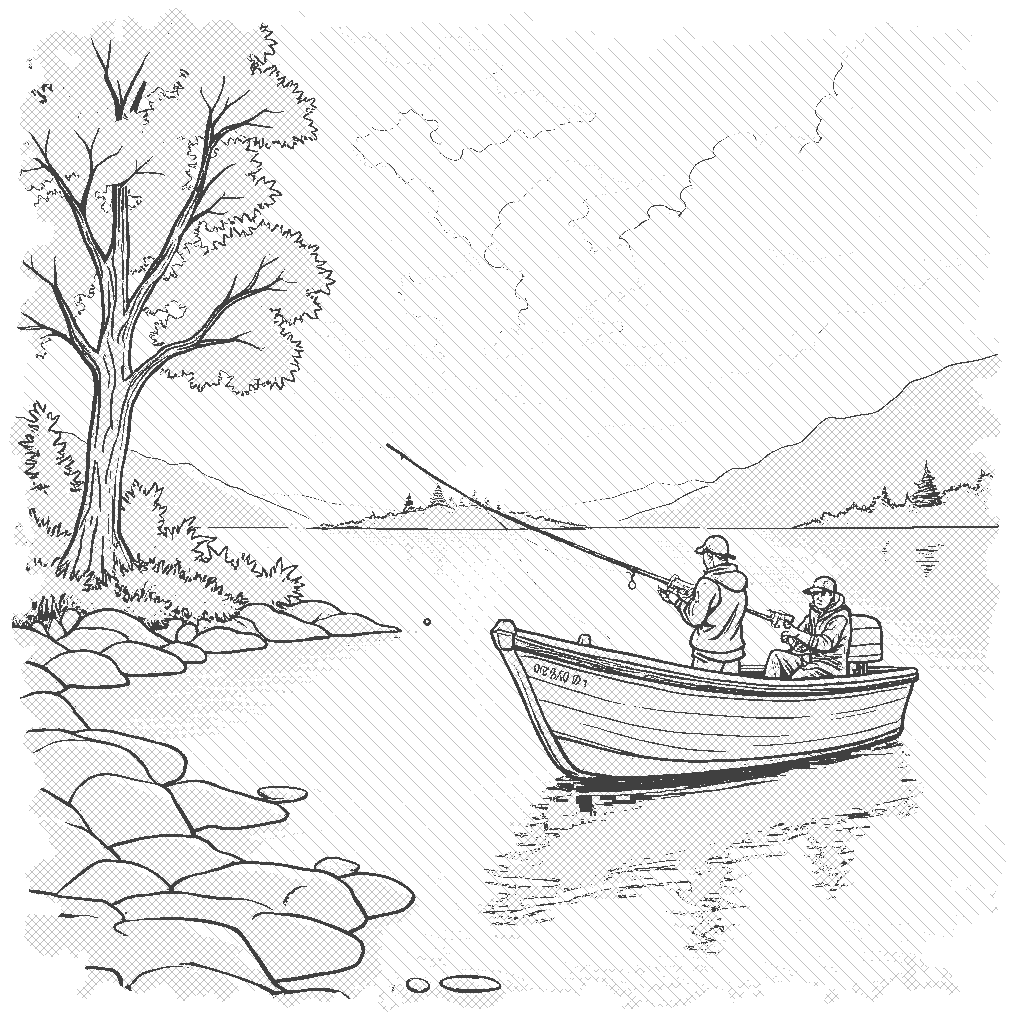 Coloring Page: Sunset Catch - A fishing boat anchored at a beautiful lake during sunset. The sky is painted with vivid colors of orange, pink, and purple, reflecting on the water. The fishermen aboard are reeling in their catch, with excitement and anticipation on their faces. Silhouettes of trees and an island can be seen in the distance, enhancing the serene vibe of the scene.