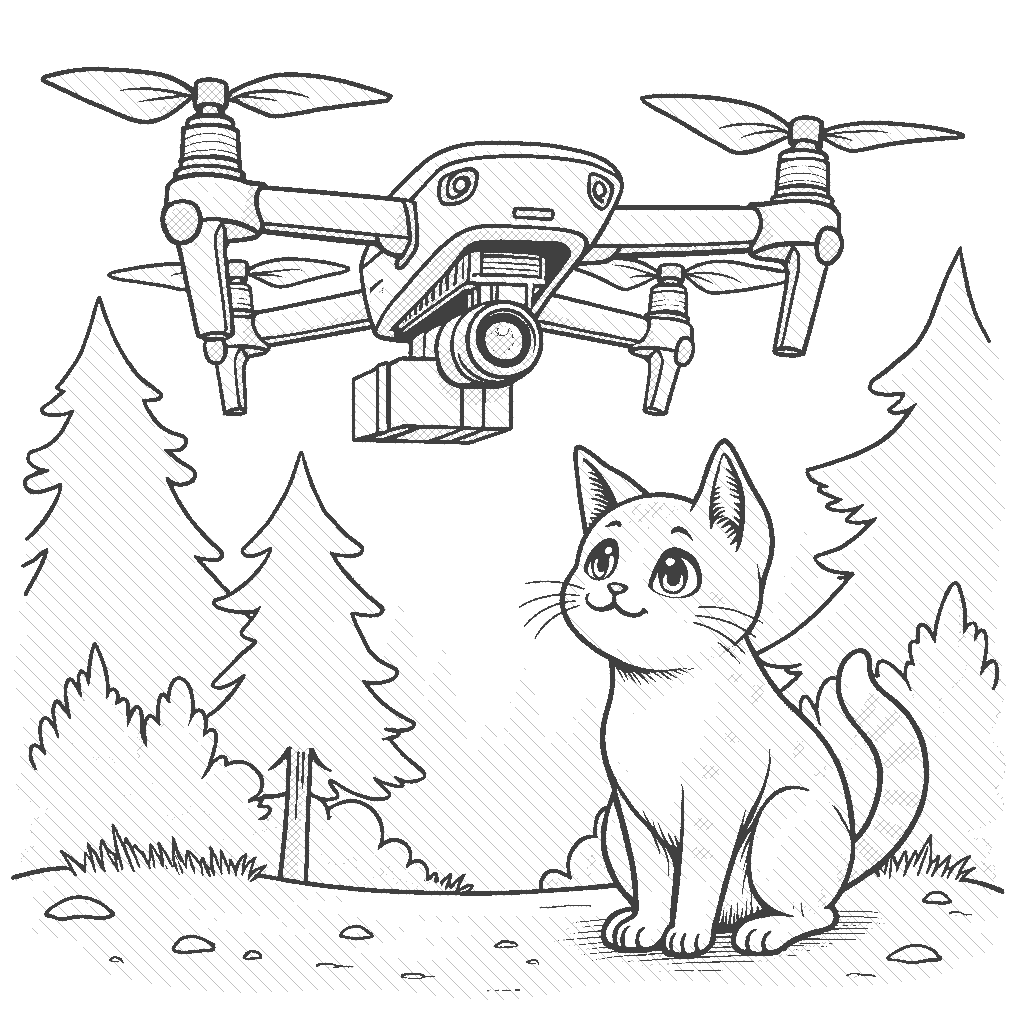 Coloring Page: Flying Drone Delivery - A high-tech drone hovering mid-air with a small package attached underneath. Below, a curious cat watches the drone with wide eyes, surrounded by trees.
