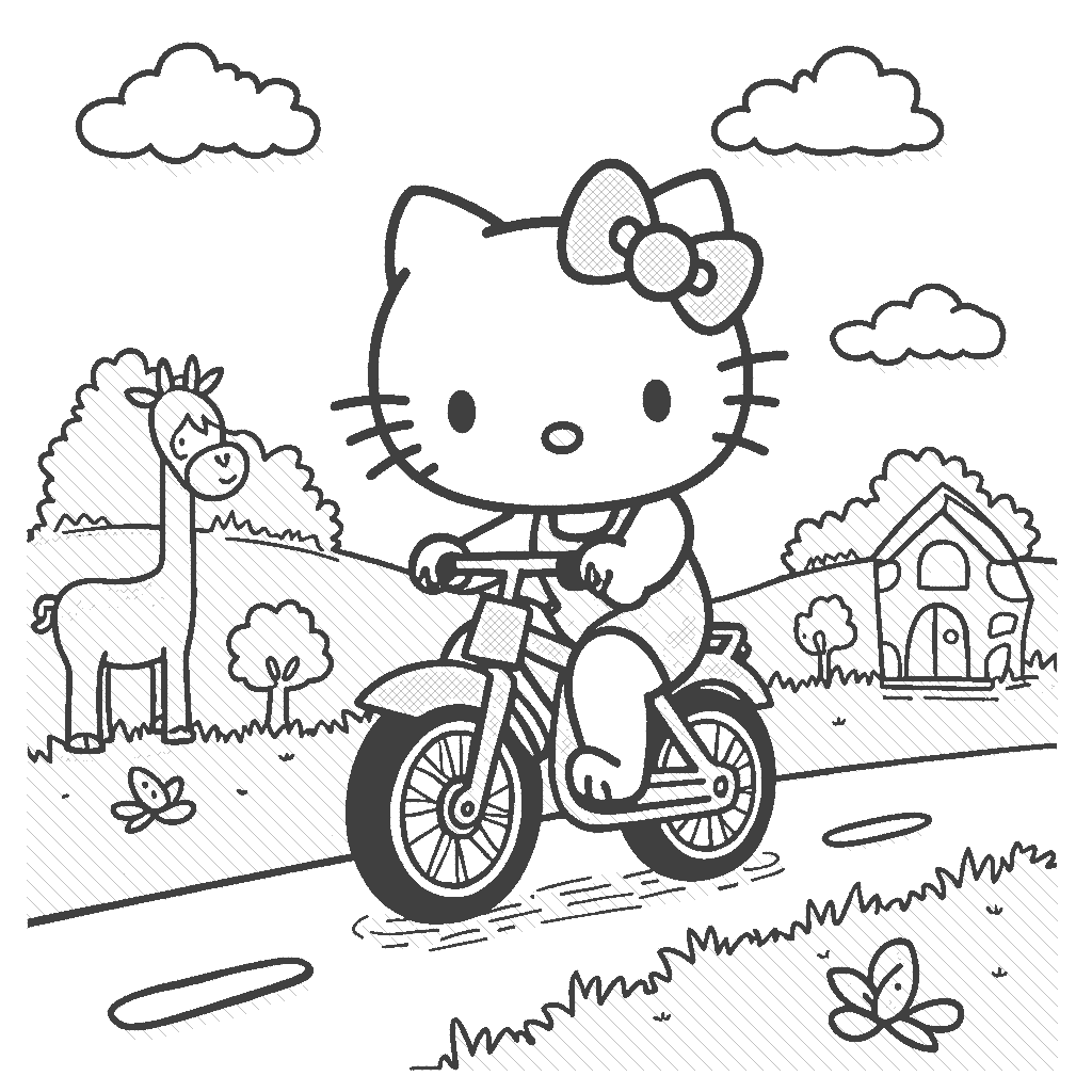Coloring Page: Hello Kitty Cycling - Create a scene of Hello Kitty joyfully riding a pink bicycle along a sunny path, with blooming cherry blossom trees and fluffy white clouds in a clear blue sky.
