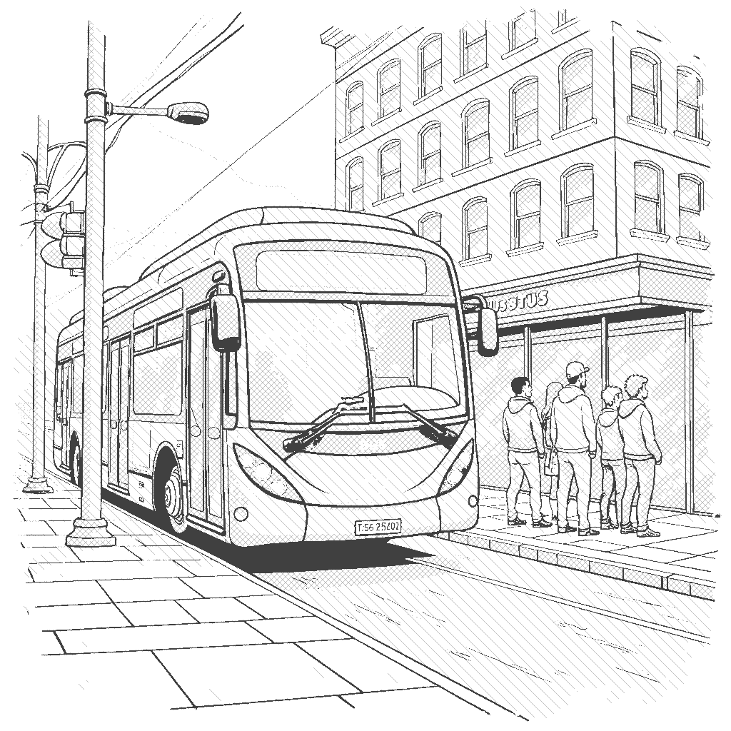 Coloring Page: City Bus Stop - A vibrant city bus stopped at a bus stop with a few passengers waiting at the curb.