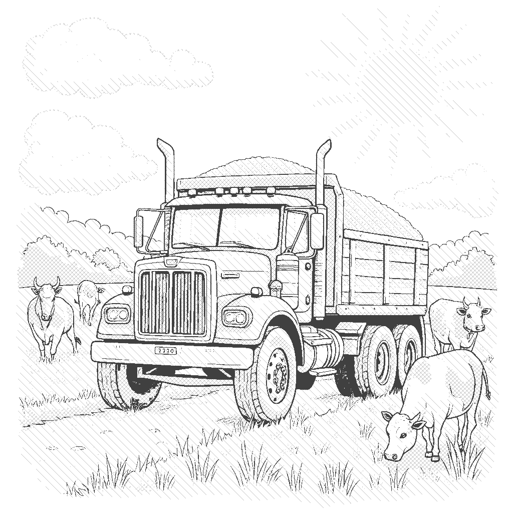 Coloring Page: Grain Truck Delivery - A grain truck is parked in a sunny field where cows are grazing nearby. The truck is filled with golden grains ready to be delivered to a farm.