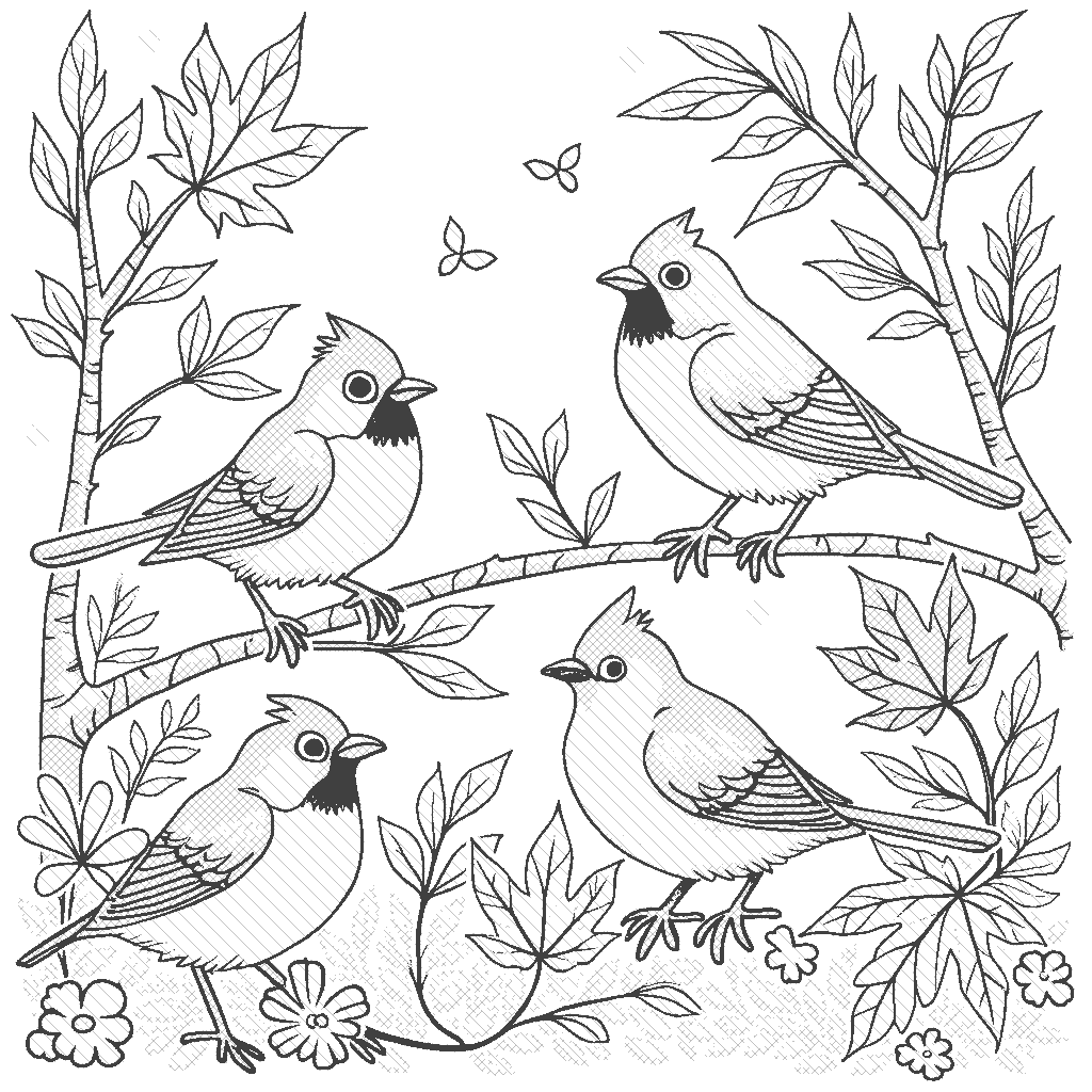 Coloring Page: Birds of Autumn - A cheerful scene with a variety of birds, each wearing tiny scarves, perched on colorful branches laden with bright berries.