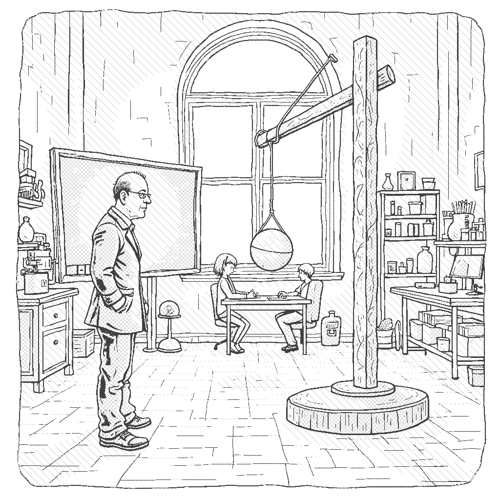Coloring Page: The Physicist's Experiment - A physicist is observing a pendulum swinging back and forth in a large, open lab filled with various scientific equipment, including a chalkboard with equations. The pendulum has intricate designs.