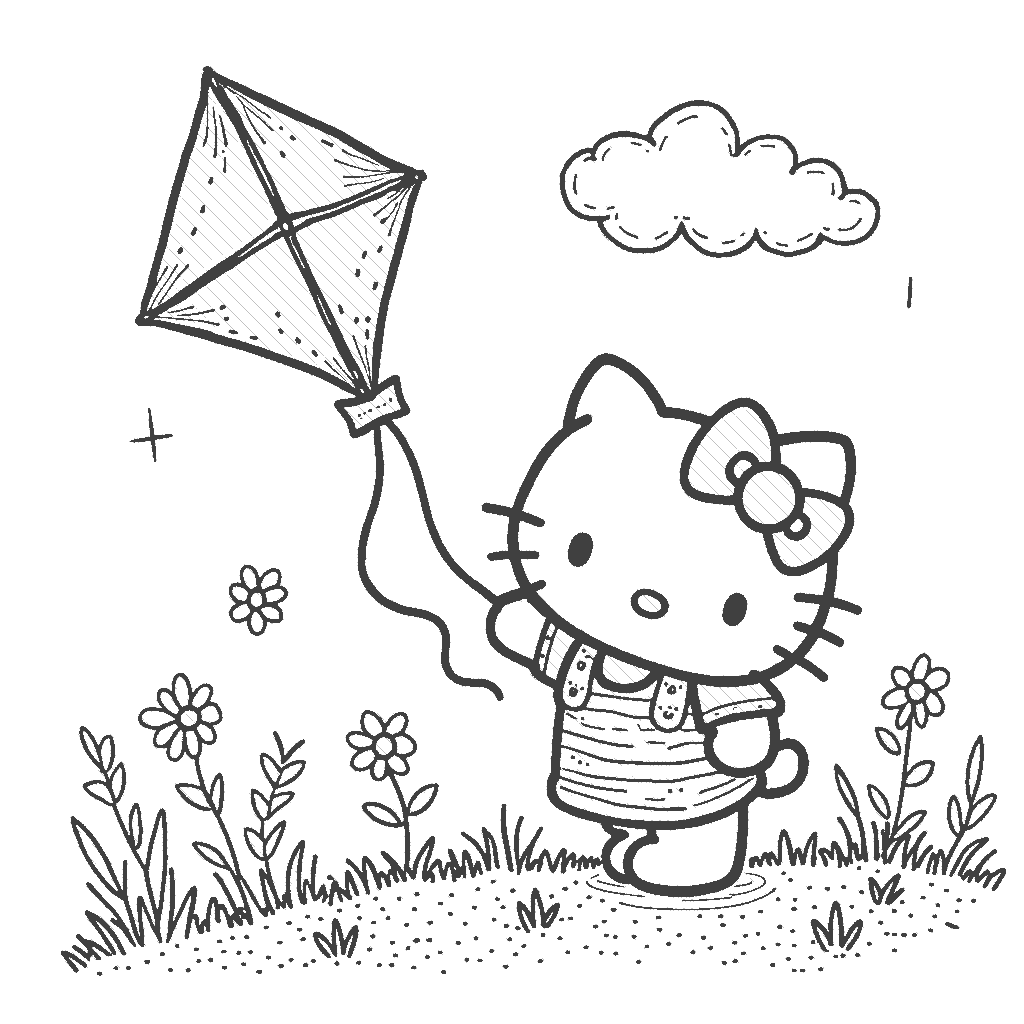 Coloring Page: Hello Kitty Flying a Kite - Show Hello Kitty joyfully flying a large, colorful kite in a bright blue sky with fluffy clouds, enjoying the gentle breeze on a sunny day.