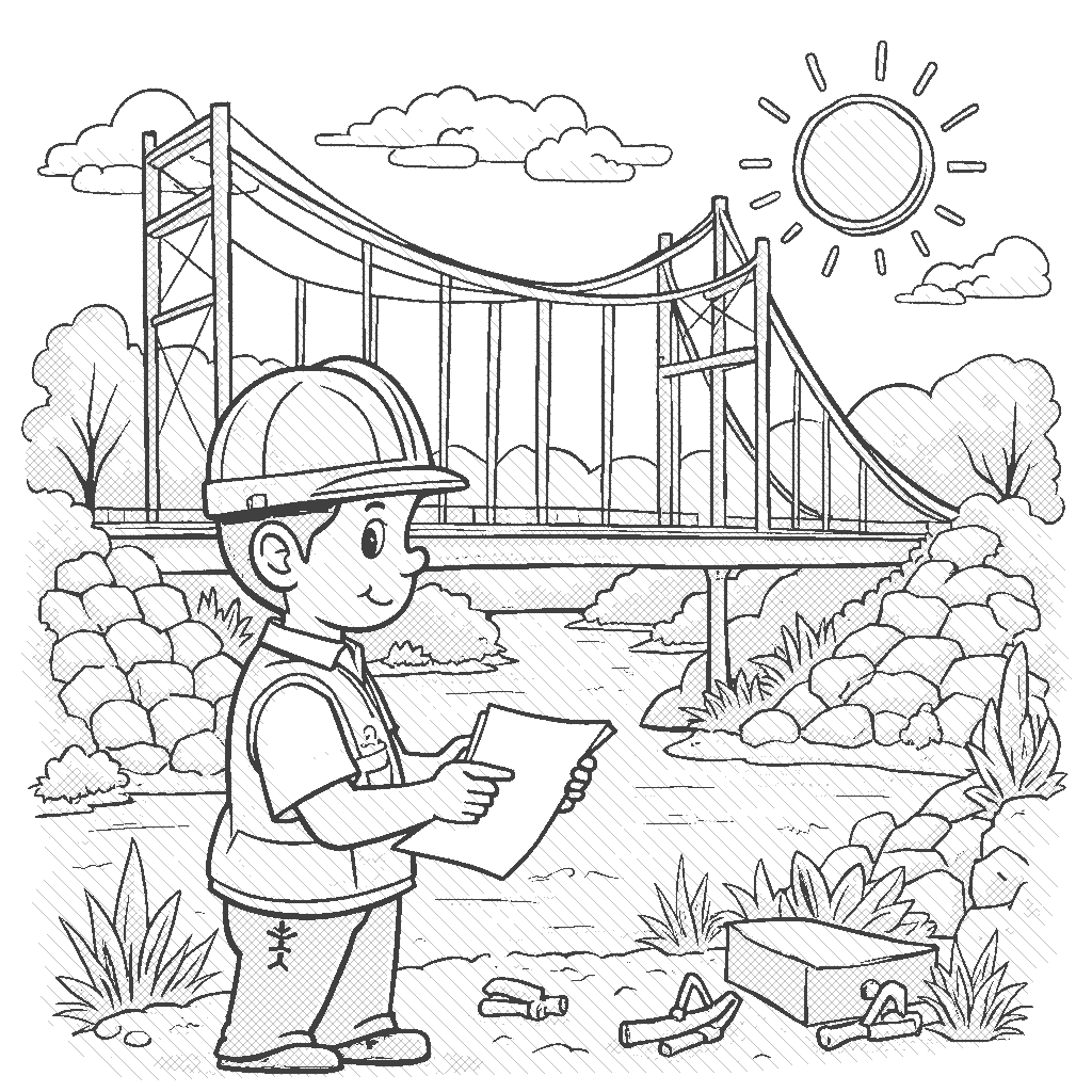 Coloring Page: Engineer at Work - An industrious scene where an engineer is building a colorful bridge over a river. The engineer is examining blueprints, surrounded by construction materials and tools, with a cheerful sun shining in the sky.