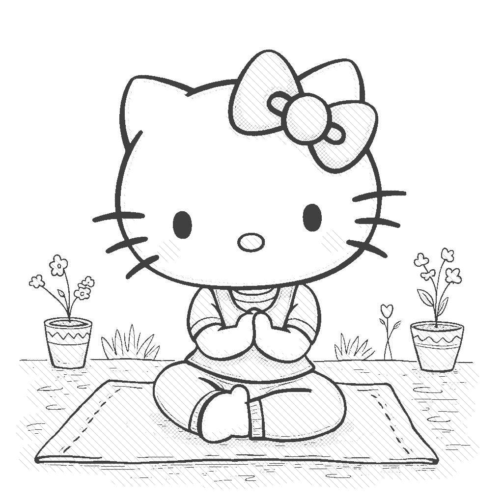 Coloring Page: Hello Kitty in a Yoga Pose - Illustrate Hello Kitty practicing yoga in a serene park, wearing a colorful yoga outfit, with pastel mats and tranquility all around, while little birds sit on nearby branches.