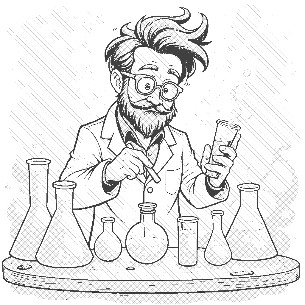 Coloring Page: The Chemist's Laboratory - A chemist is mixing colorful chemicals in test tubes, surrounded by bubbling flasks and beakers. The vibrant colors create a magical atmosphere in the laboratory.