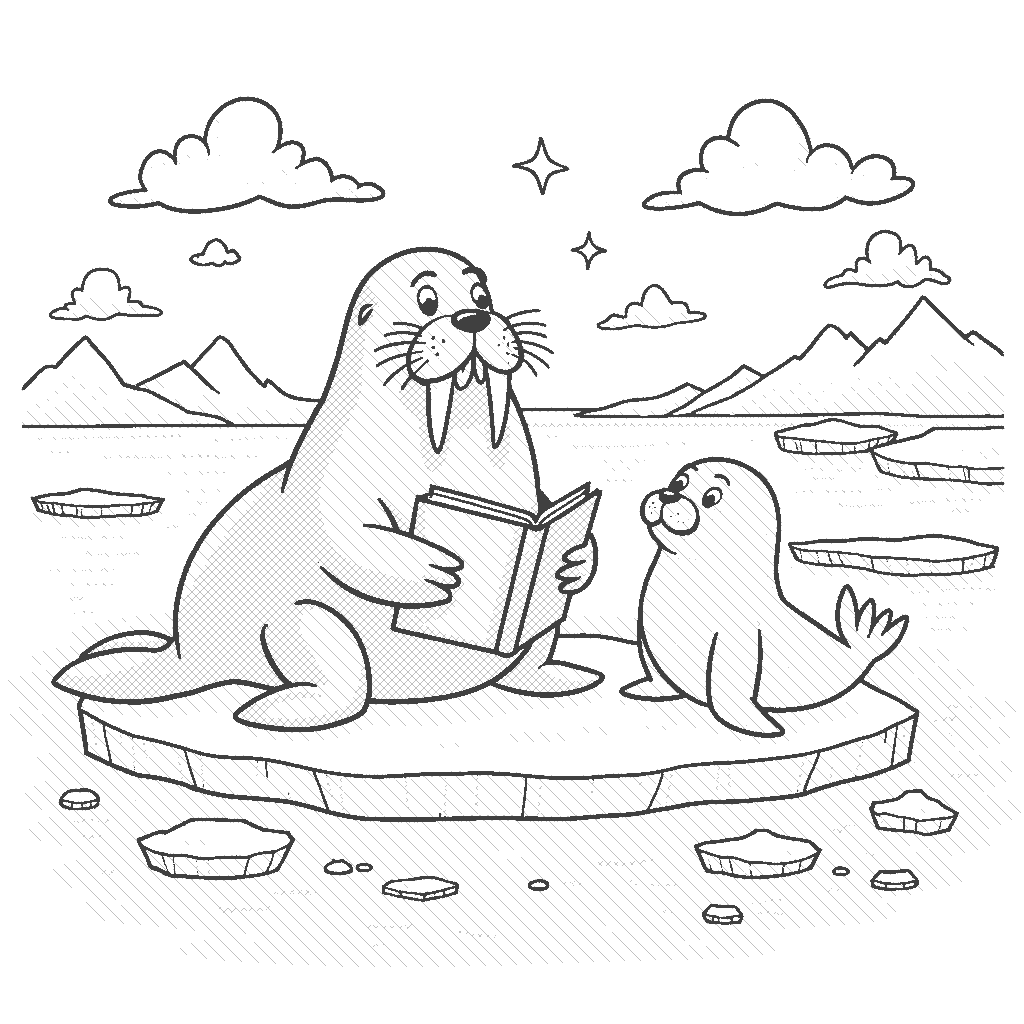 Coloring Page: Walrus Wisdom - A wise old walrus lounging on an ice floe, sharing stories with a young seal who is eager to learn about the Arctic.