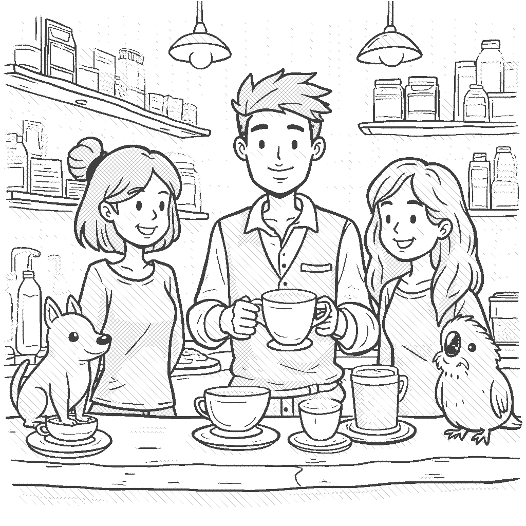Coloring Page: Busy Day at the Coffee Shop - A friendly barista creates fun latte art while a line of cheerful customers waits with curious pets, including a puppy and a parakeet perched on their shoulders, in a cozy coffee shop.