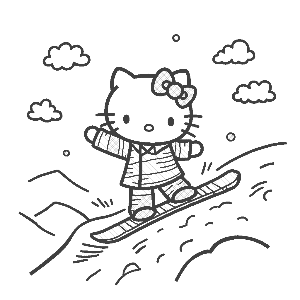 Coloring Page: Hello Kitty Snowboarding - Depict Hello Kitty snowboarding down a snowy hill, wearing a bright winter jacket and colorful goggles, with trees and snowflakes surrounding her.