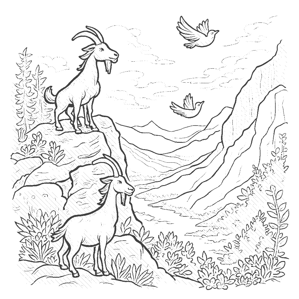Coloring Page: Goat's Mountain Climb - A determined goat climbing a rocky mountain, looking over a beautiful valley below, with a few adventurous birds flying alongside.